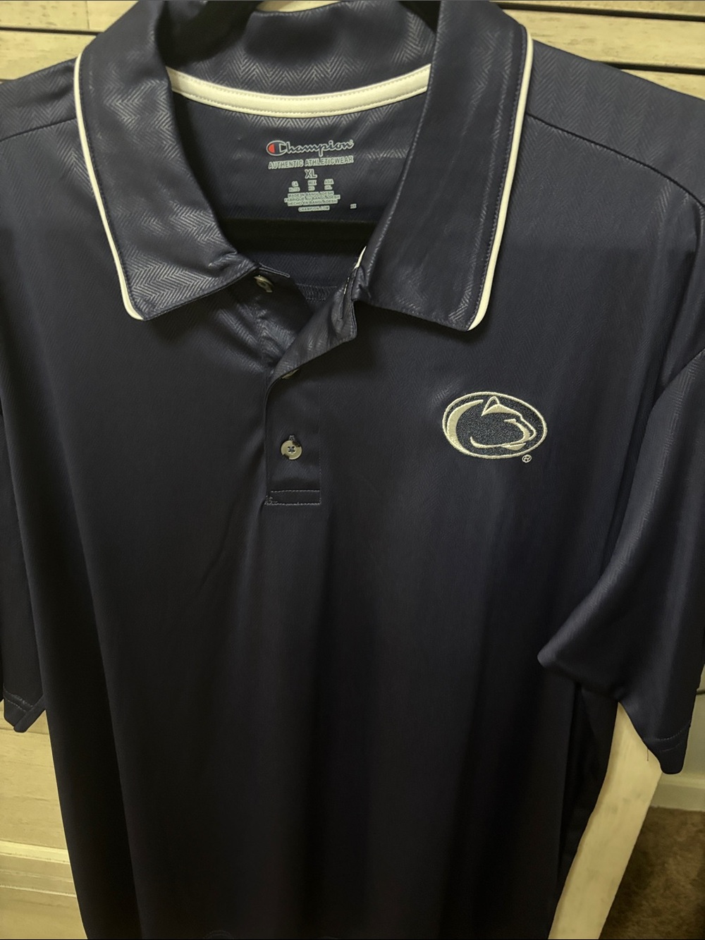 Champion Men’s Navy Polo with White Trim and Penn State Logo